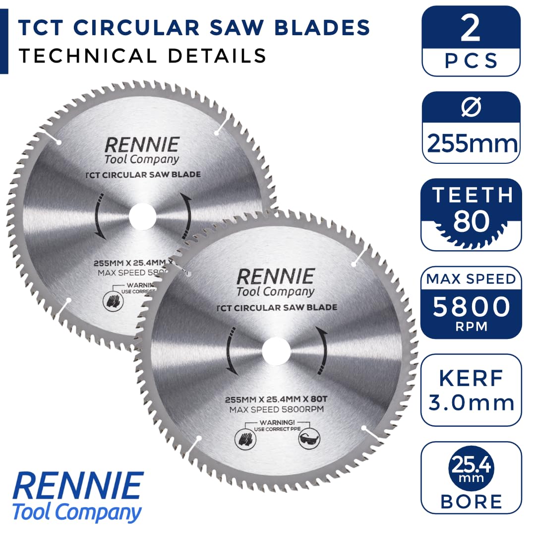 Rennie Tools - Confezione da 2 lame circolari per legno, 255 mm x 80T x 25,4 mm, foro TCT, adatte per seghe Evolution e Evolution Rage. Lame per sega da 255 mm, foro da 25,4 mm con 80 denti