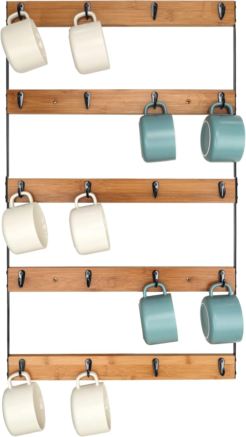 Wall Mounted Coffee Mug Holder, Large 5 Tier Shelf with 20 Hooks for Cups, Rustic Wooden Display Rack for Kitchens, Homes and Bars (Bamboo)