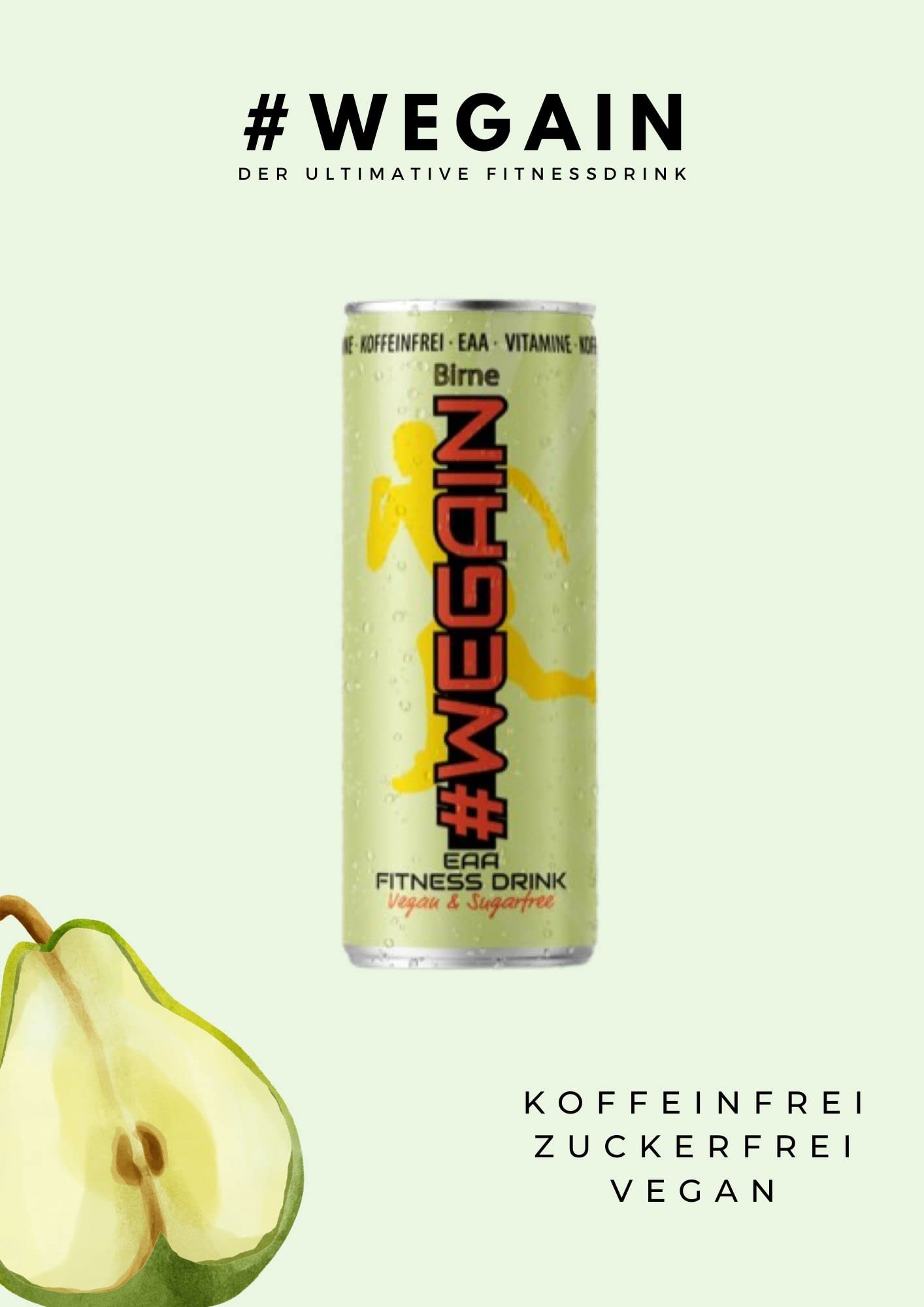 #WEGAIN Birne EAA-Drink, 24 Dosen x 330 ml inkl. Pfand, ohne Zucker, vegan, koffeinfrei für Muskelaufbau und Regeneration
