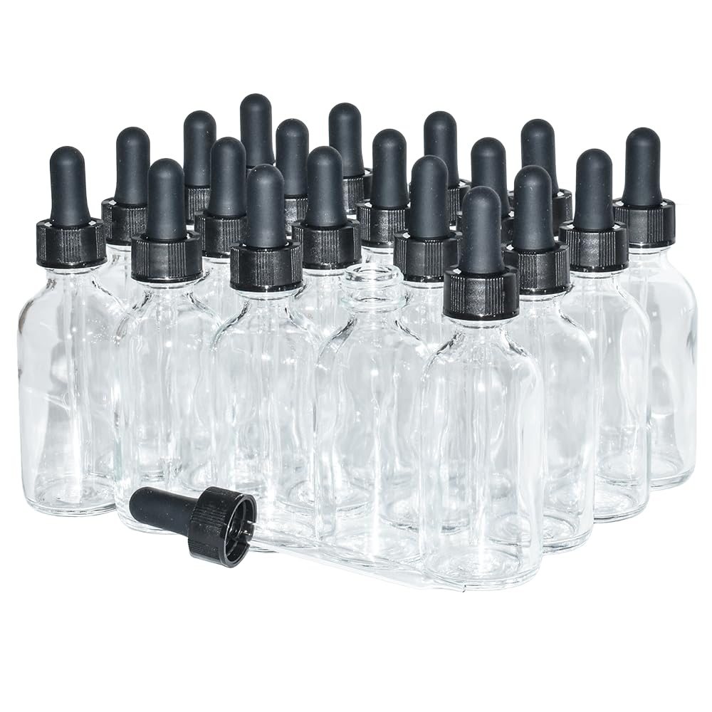 GlassBottleOutlet (24 Pack) 2 oz. Clear Boston Round with Black Glass Dropper