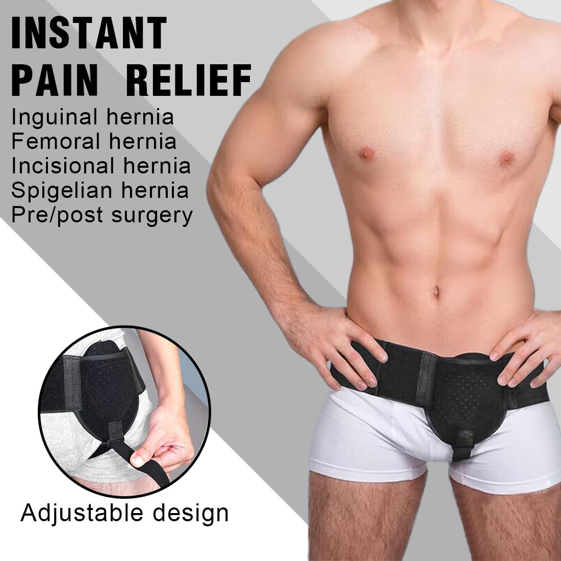 Ceinture herniaire pour homme et femme Ceinture herniaire réglable flexible Soutien herniaire Soulagement de la douleur avec coussinets de compression amovibles Hernie(Noir