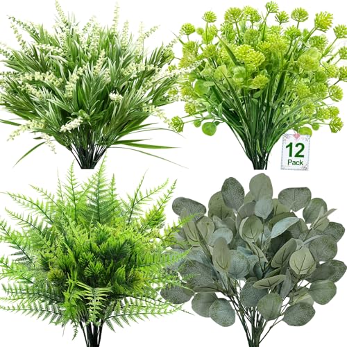 12 Bundles Fake Plants Artificial Plants Outdoor UV Resistant Faux Plants Boston Fern Lavender Eucalyptus Greenery Shrubs Plastic Fake Flowers for Indoor Gardens Porch Yard Planter Spring Summer Decor
