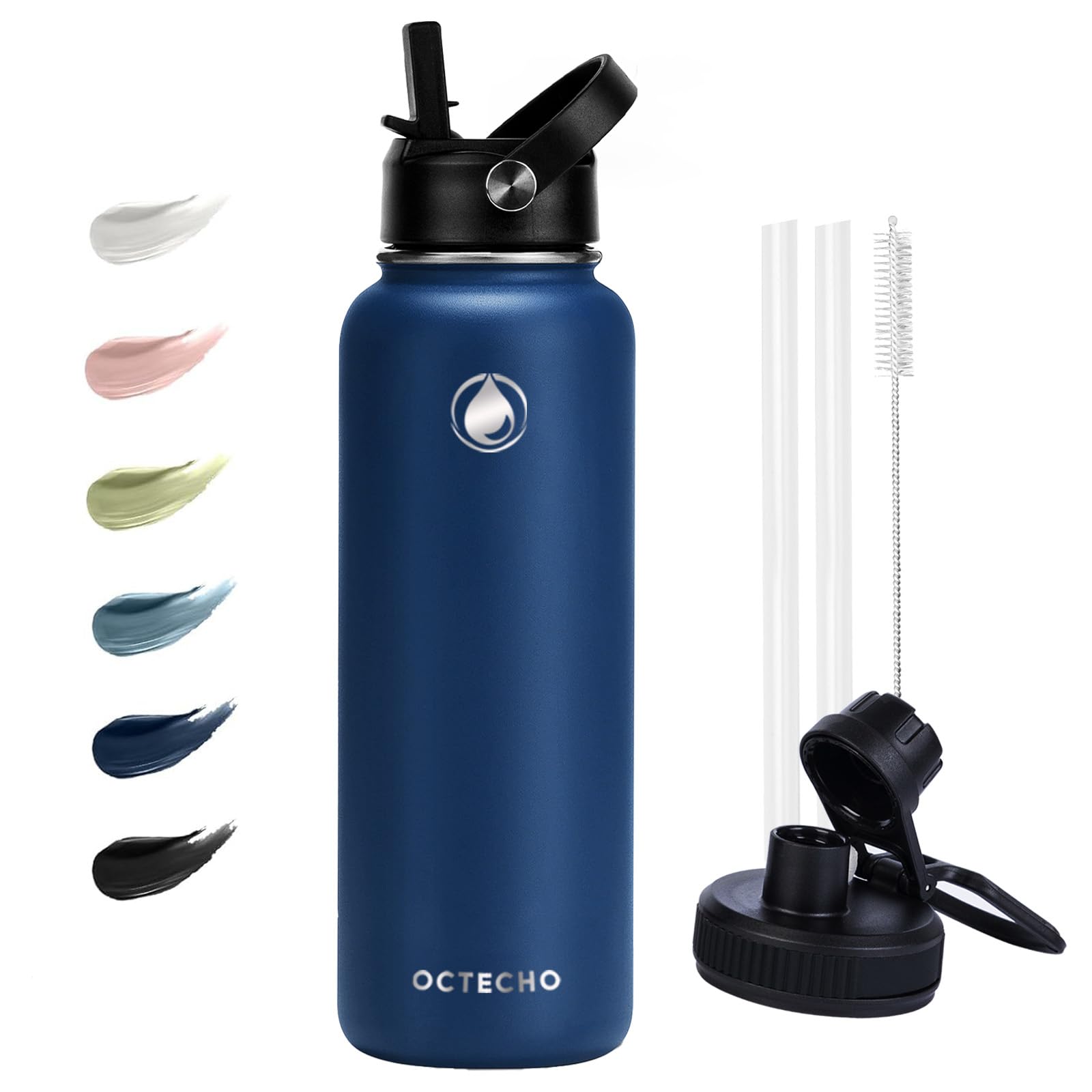 OcTecho Metal Water Bottle with Straw, 1200ml Stainless Steel Water Bottle 2 Leakproof Lids, BPA Free Double Walled Vacuum Insulated Water Bottle Thermal for 12h Hot & 24h Cold,for Man,Woman-Navy Blue