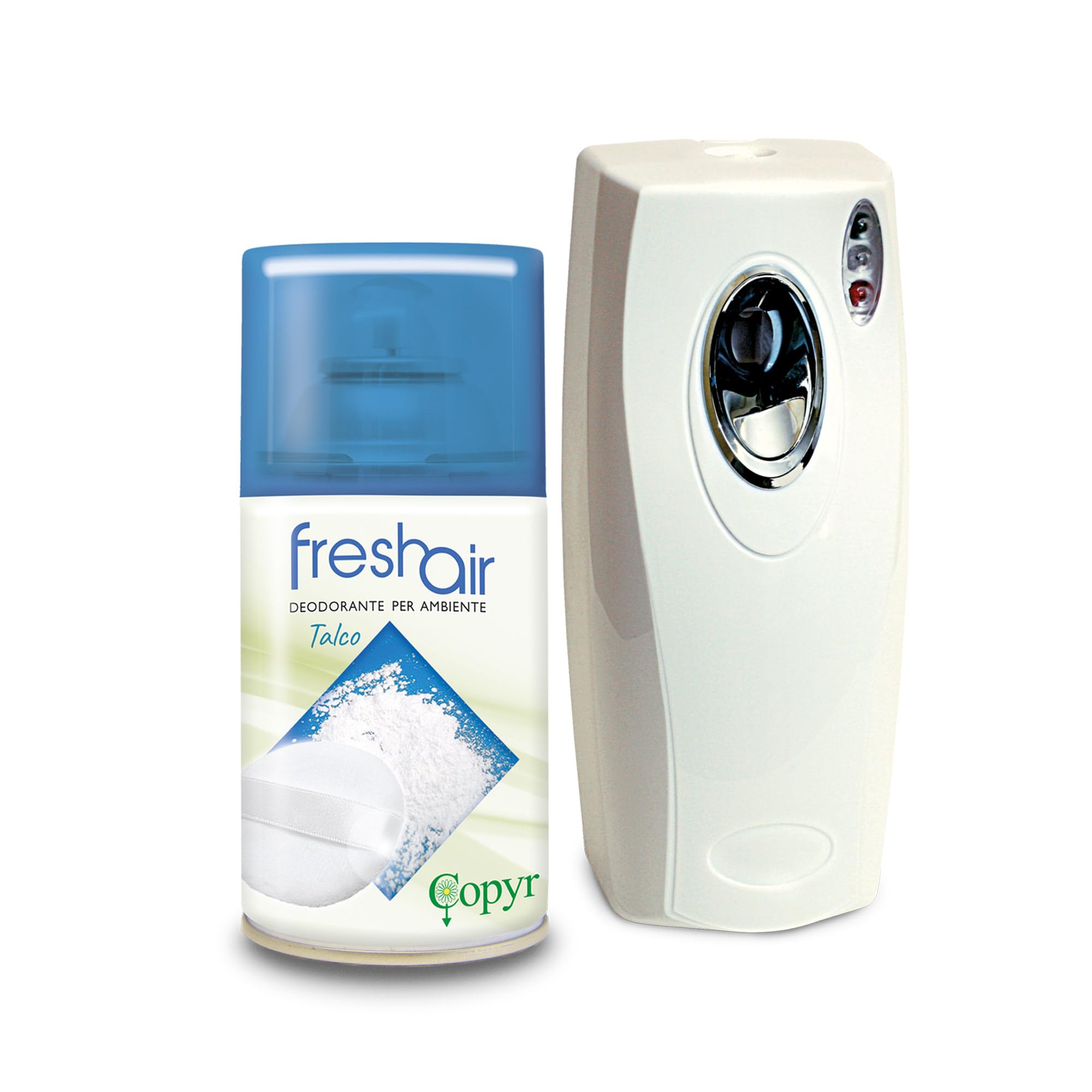 Copyr Fresh Air Talco - Deodorante Ambiente Aerosol Fragranza Delicata, 1 Bombola 250ml + Erogatore Automatico Copyrmatic Night & Day - Profumatore per Ambienti Interni, Elimina Odori fino a 100m3