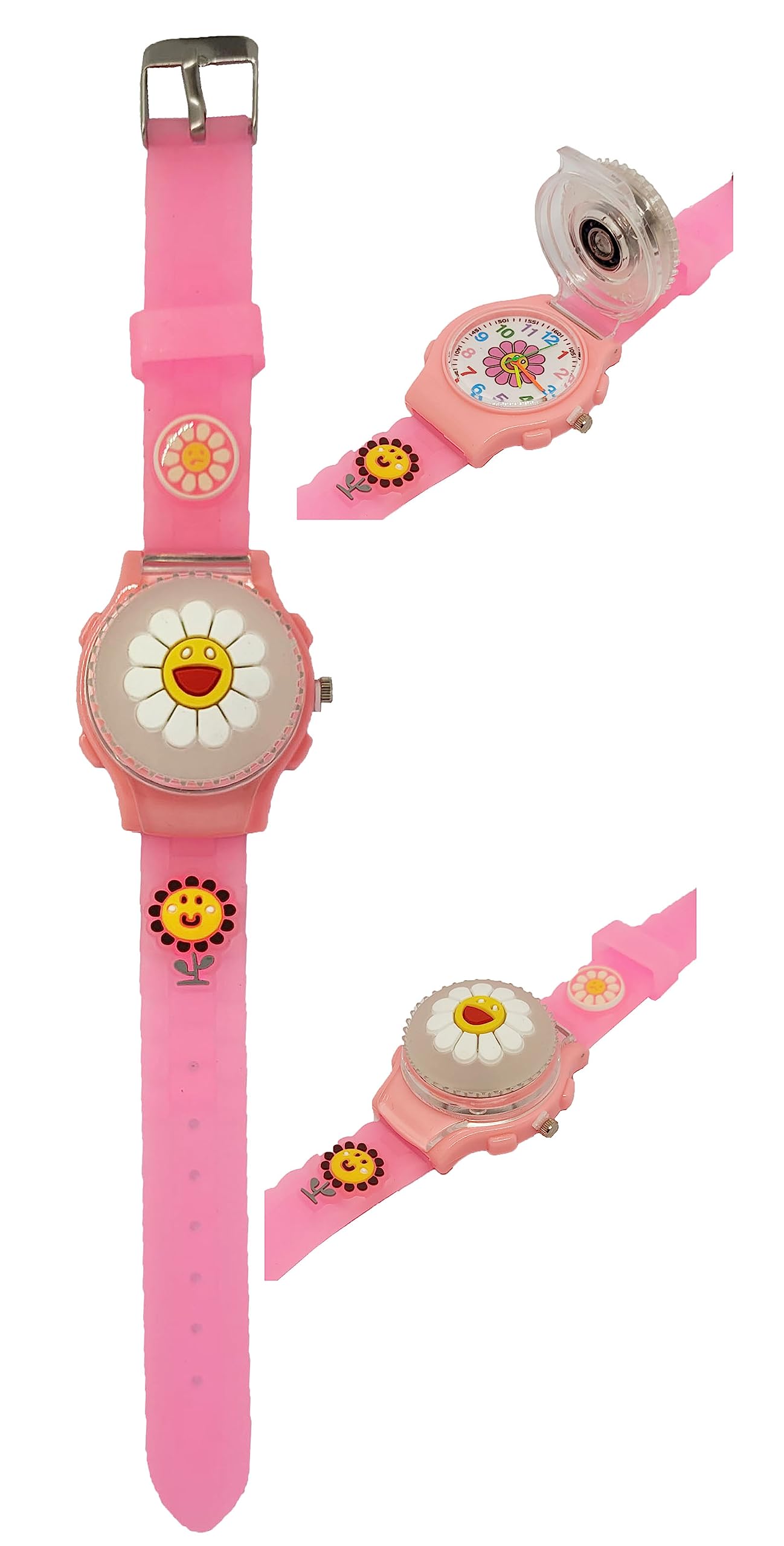 GenericDreamy Soft Rubber Silicone Light with Spinner Cartoon Cap Cover Analogue Watch for Boys and Girls Non Breakable Wrist Watch - Pack of 1