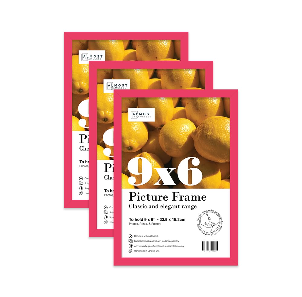 Almost Frameless 9x6 Bright Pink Picture Frame Set of 3, Display 9x6 Picture Gallery Wall, Poster, Photo, Artwork, or Print, Yellow