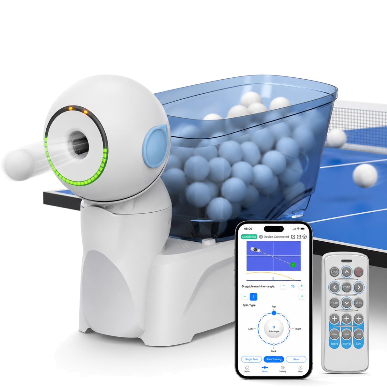 Robot da ping pong da tavolo, regolazione spin/velocità/punto atterraggio | Macchina da ping pong automatica, alimentazione a batteria, capacità 160 palline, controllo tramite telecomando/app