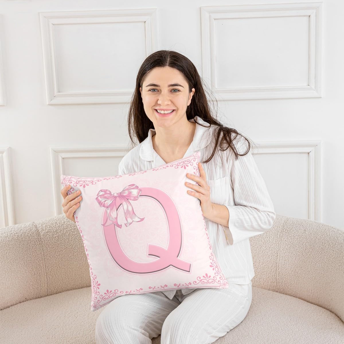 Manfei Pink Letter Q Throw Pillow Cover Princess Bowknot Double Sides Pillow Case for Kids Boys Girls,Watercolor Floral Bow Cushion Cover for Bed Couch Sofa,1 Pack 24"x24"