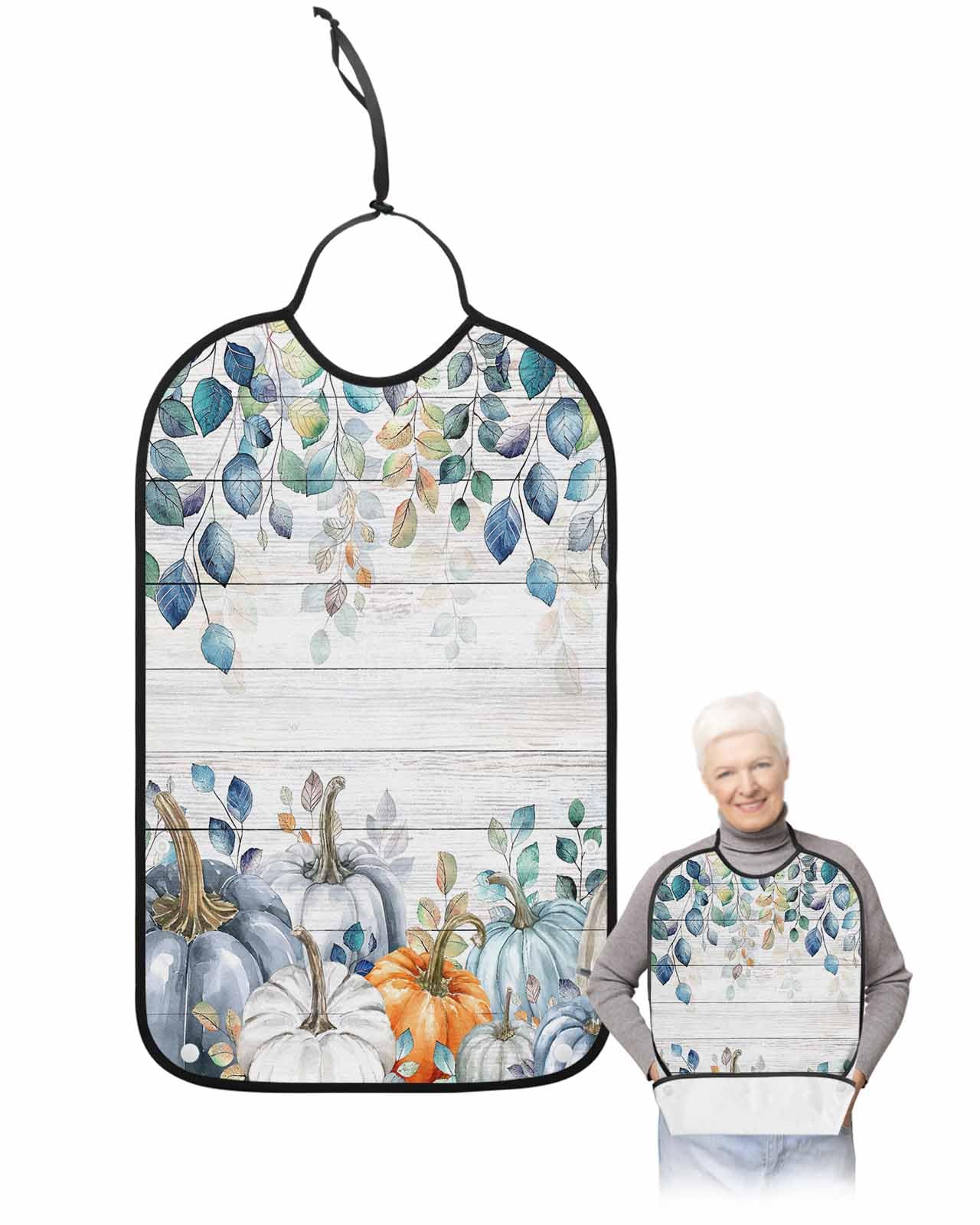 LEOKOTI Blue Fall Adult Bibs for Eating, Waterproof Bibs with Food Catcher & Adjustable Snap Closure, Thanksgiving Pumpkins Maple Leaf Vintage Washable Clothing Protectors Adult Bibs for Elderly