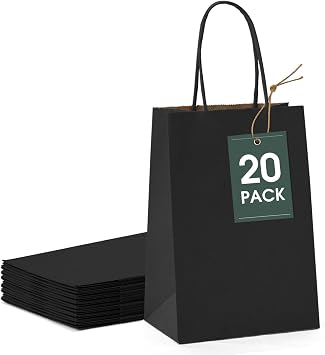 GSSUSA Kraft Paper Gift Bags 5.25x3.75x8 20 Pcs, Black Paper Bags with Handles, Bulk Kraft Gift Bag for Shopping, Craft, Grocery, Party, Retail, Lunch, Business, Wedding, Merchandise, Boutique | Sturdy Kraft Goodie Bags for Gifts, Party Favors, Retail Shopping, Boutiques, Merchandise, Crafts, and Small Business.