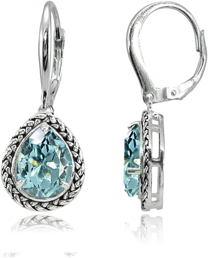 Sterling Silver Genuine, Simulated, or Created Gemstone Pear-Cut Oxidized Rope Dangle Leverback Earrings