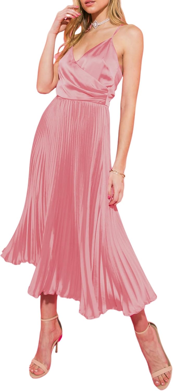 ZAFUL Womens Satin Sexy Backless Wrap V Neck Sleeveless Spaghetti Strap Pleated Flowy Party Midi Dress Small 0225-dusty Pink