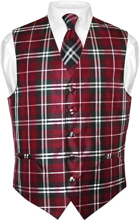 Mens Plaid Design Dress Vest & NeckTie Black Gray White Neck Tie Set