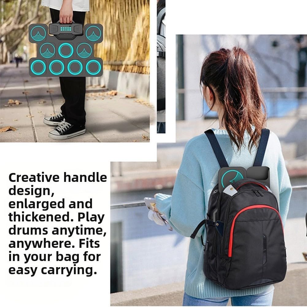 Schlagzeug Elektronisch with 9 Pads, Elektronisches Schlagzeug-Set Roll Up Leises Drum-Pad mit eingebautem Lautsprecher, mit 2 Fußpedalen & USB für Kinder und Anfänger