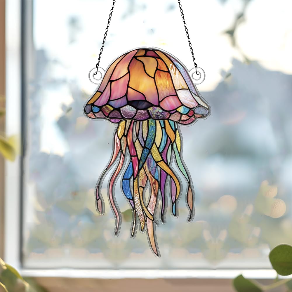 Jellyfish Ornaments Decor for Window Hanging, Jellyfish Lover Gifts for Women Men, Sea Animal Home Wall Room Decorations, Christmas 2D Flat Acrylic