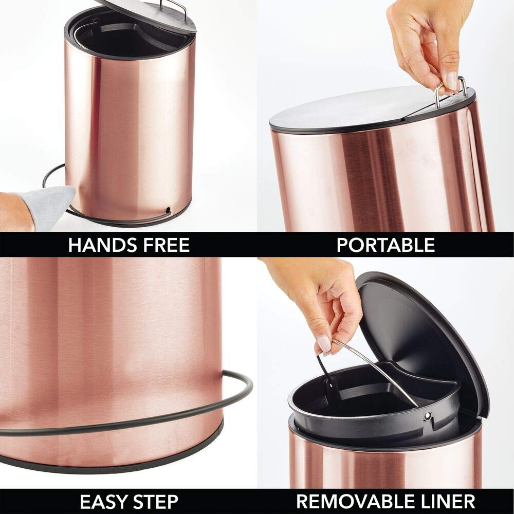 mDesign 1.3 Gallon Round Step Trash Can Wastebasket, Garbage Container Bin for Bathroom, Powder Room, Bedroom, Kitchen, Craft Room, Office - Hands-Free Design - Black/Rose Gold