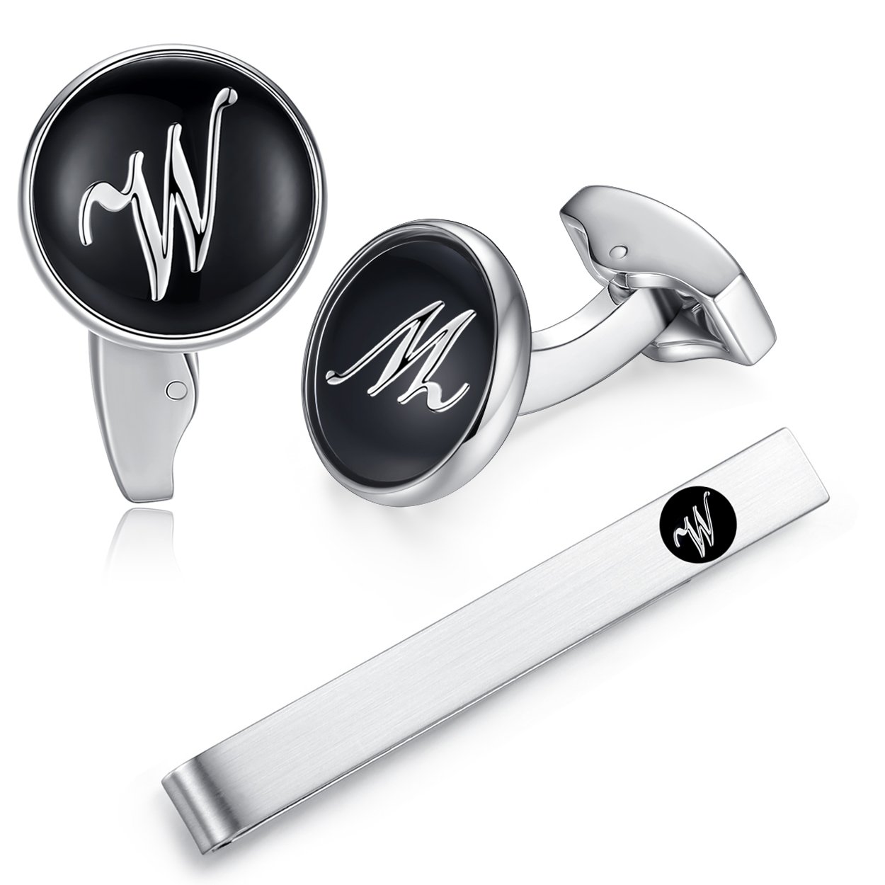 Honey Bear Men's W Black Initial Letter Cufflinks Tie Clip Set For Edding
