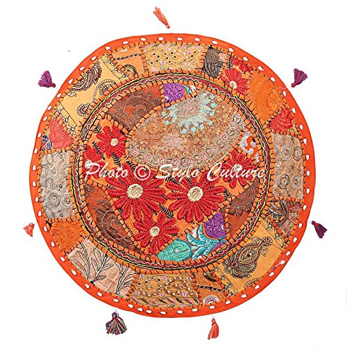 Stylo Culture Pouffe Seat Bean Bag Ottoman Pouffe Large Cover Orange Ethnic Embroidered Patchwork Cotton Traditional Round Fabric Ottoman Pouf Cover (22x22x13 Inch) 55cm (COVER ONLY) - Image 3