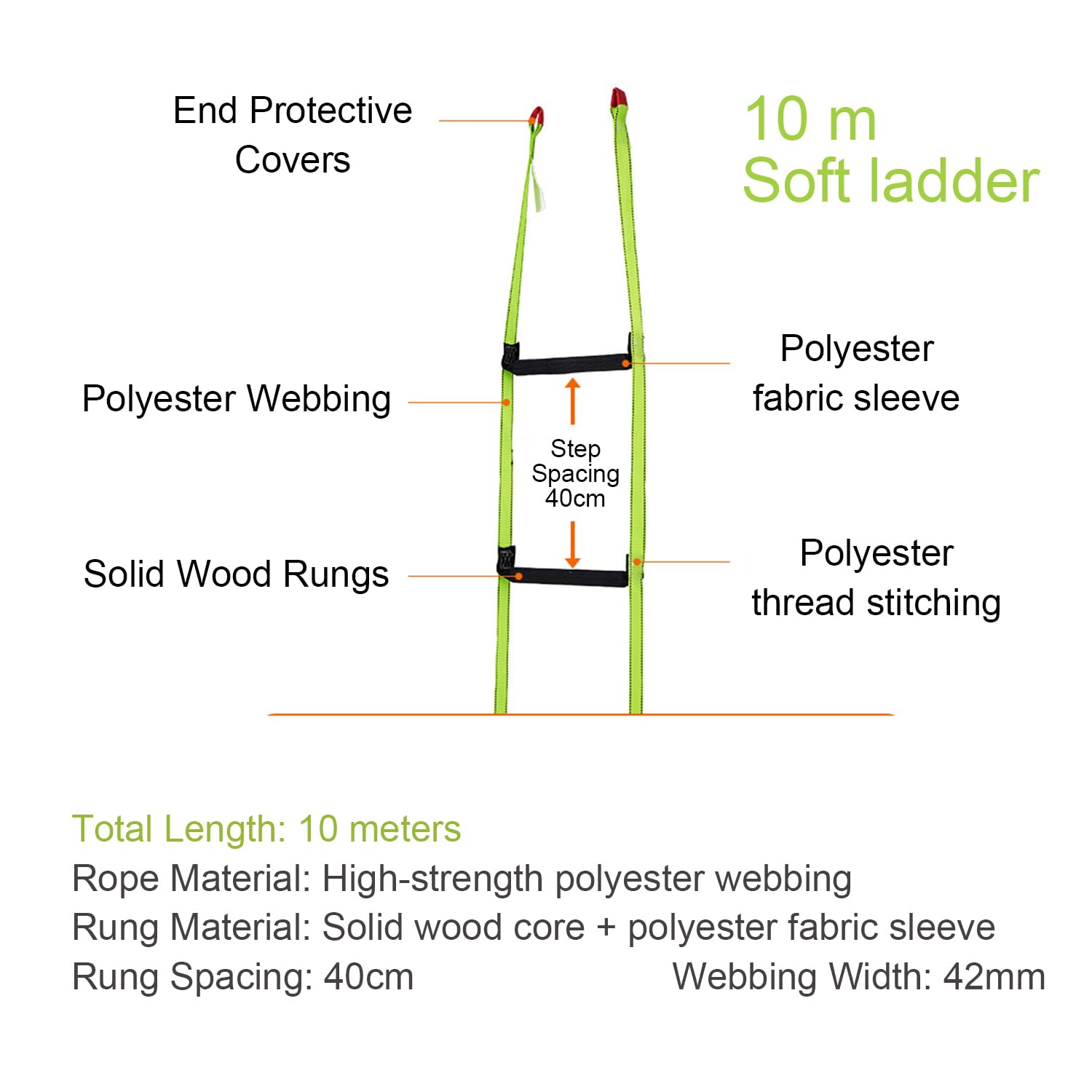Escalera De Cuerda,10m Escalera Trenzada,Portátil para Emergencias,Adecuada para Casas De 3-6 Plantas,Balcones y Barandillas,con Una Capacidad De Carga De hasta 350 Kg(770 Libras),Verde