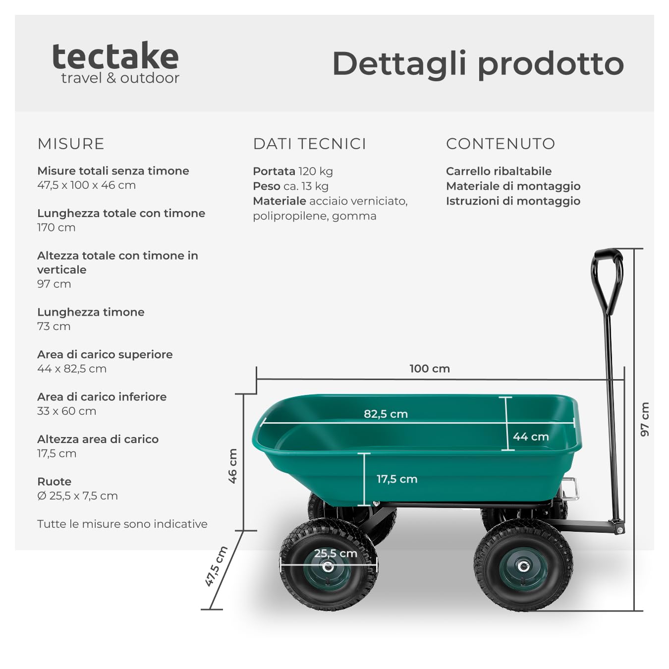tectake® Carretto Giardino - Portata 120kg - Ruote Pneumatiche, Carrellino con Ruote Portatutto, Telaio in Acciaio, Manico Imbottito, Facile da Manovrare, per Giardino e Esterno - Verde