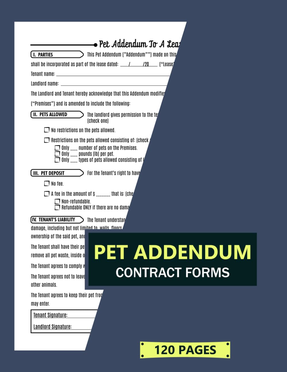 Pet Addendum Contract Forms: Landlord-Tenant Addendum to Lease Agreement | 60 Forms, 120 Single-Sided Pages