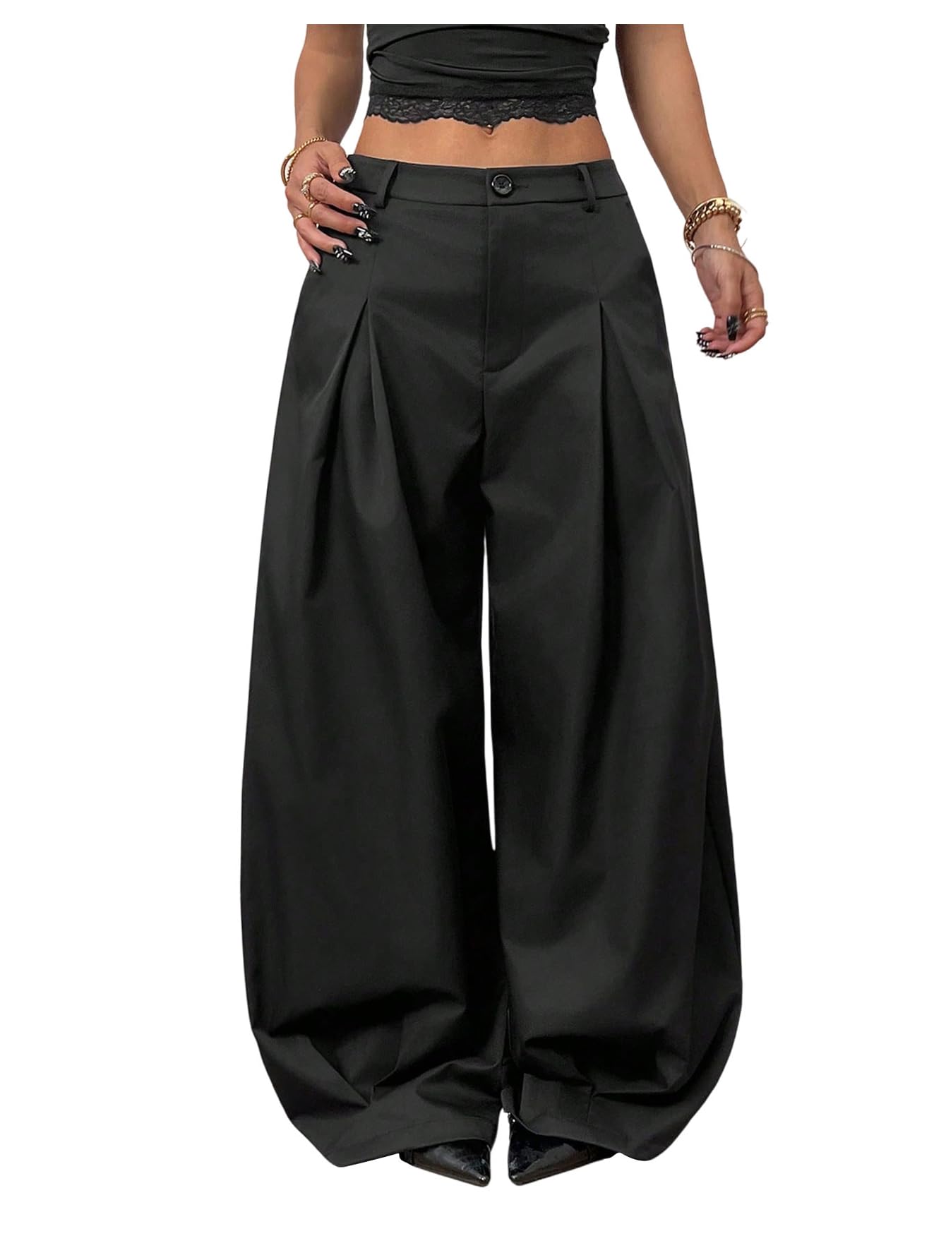 GORGLITTER Womens Pleated Barrel Pants Baggy Y2k Wide Leg Zipper Fly Oversized Trousers with Pockets