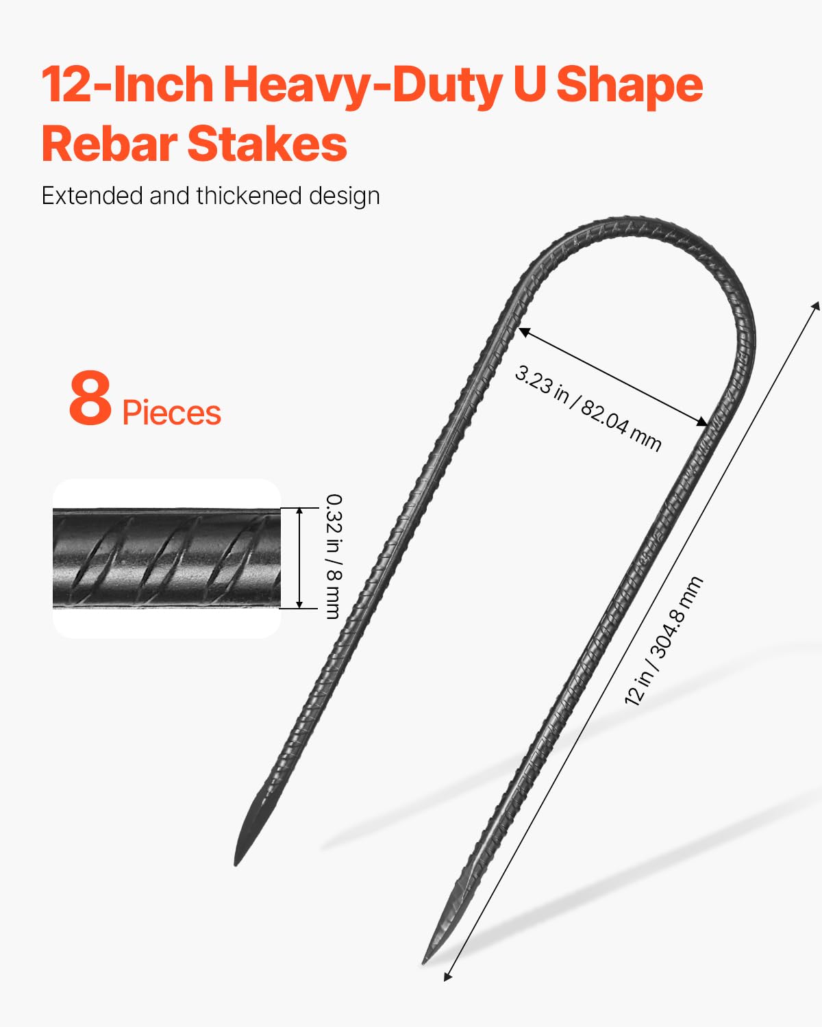 VEVOR Rebar Stakes, 12-Inch, Heavy-Duty 0.32 in Diameter U Shape, Galvanized Steel Ground Anchors with Chisel Point End & Rust-Resistant Coating, for Gardening Support, Fence, Camping Tents (8-Pack)