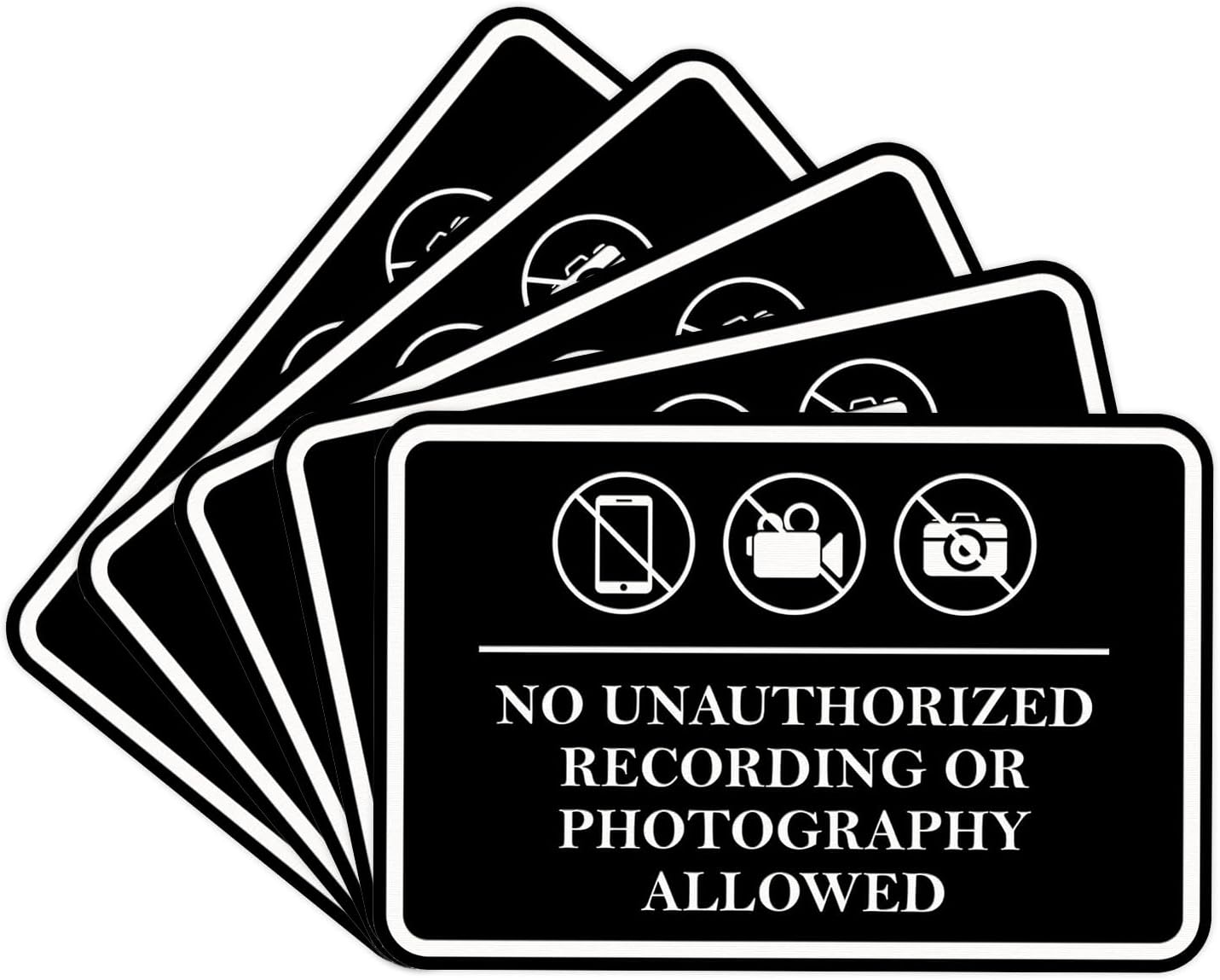 Classic Framed No Unauthorized Recording or Photography Allowed Door or Wall SignDurable Material | Easy Installation (Black) - Large (5 Pack)