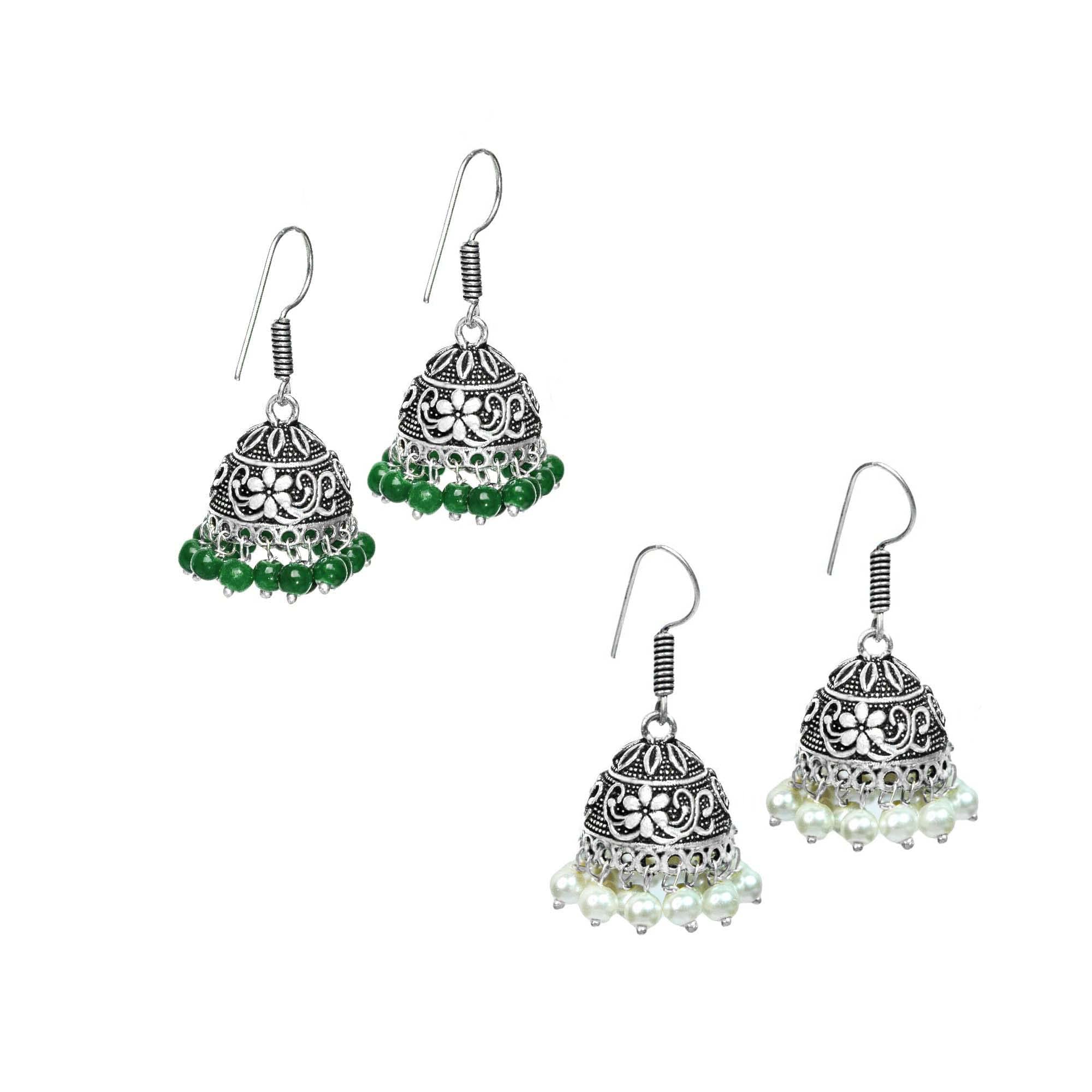 Jewelopia Silver Oxidised Jhumki Earrings Combo German Silver Oxidized Fish Hook Floral Design Stylish Pearl Drop Traditional Jhumki Earrings For Women and Girls (White-Green) (B0B82N86XS) Amazon Price History, Amazon Price Tracker