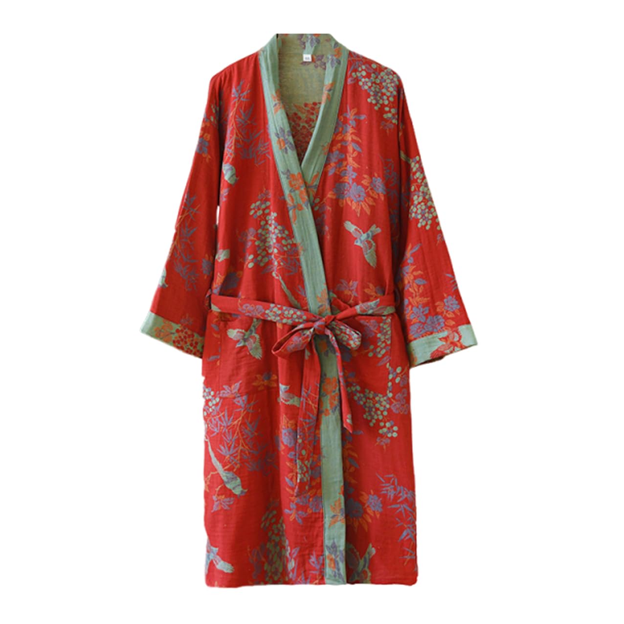 Camisón de Algodón de Doble Gasa Tradicional Hanfu de Longitud Media con Estampado, Cinturón de Lazo, Bata Pijama Holgado, Camisón Cómodo para Sudoración, Yukata, Traje de Sauna, Ropa de Dormir