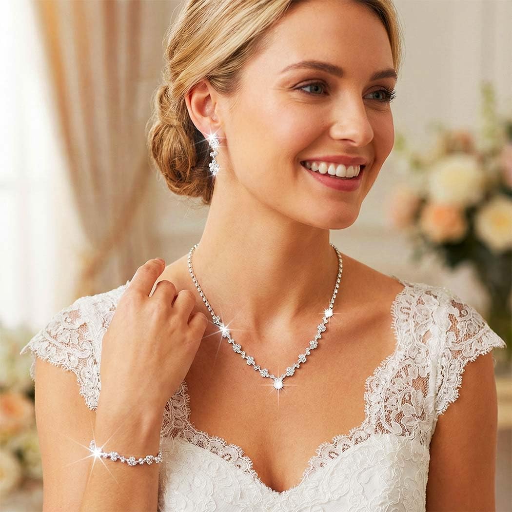Unicra Bride Crystal Necklace Earrings Set Bridal Wedding Jewelry Sets Rhinestone Choker Necklace Costume Jewelry Set for Women and Brides