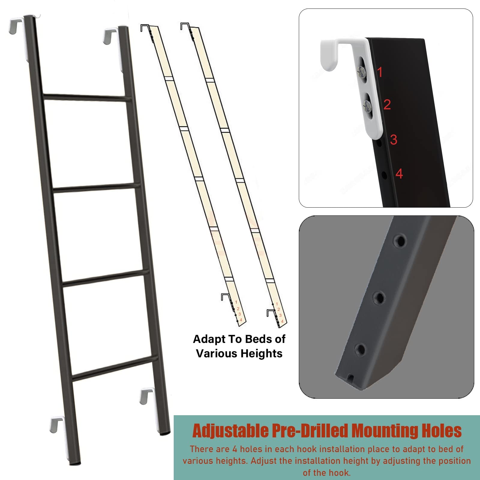 Escalera Negra Resistente para literas Dobles de caravanas y autocaravanas - Escalera Colgante para altillo de Autocaravana para niños, Adolescentes, Adultos y Personas Mayores. Soporta hast