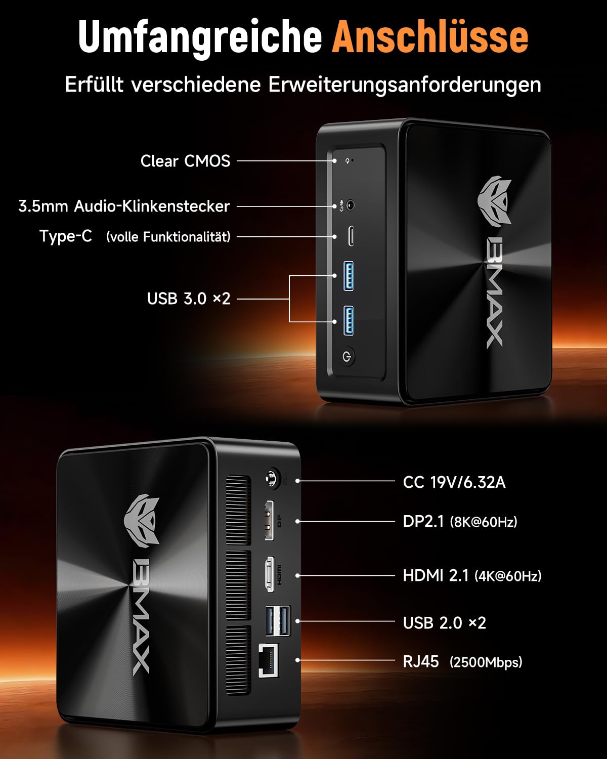 BMAX Mini PC AMD Ryzen 7 8745HS (bis 4,9 GHz), Radeon 780M Grafik, 16GB DDR5, 512GB PCIe 4.0 SSD 【Auf 256 GB + 4 TB erweiterbar​】Triple Display, WiFi 6, BT, 2.5G LAN Mini Computer Gaming/Büro/Zuhause