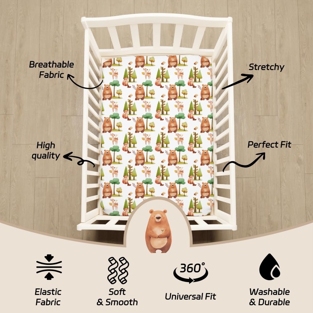 Juego de 4 sábanas ajustables unisex para cuna de bebé, diseño de animales del bosque, madera neutra, para bebés niños o niñas, blanco y negro