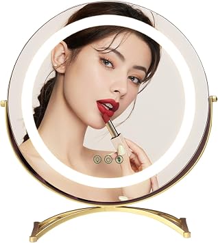 Round Mirror Vanity Mirror 30 40 50cm Modern Desk Mirror LED Mirror Slouch Makeup Mirror Arched Base Stand Mirror Hollywood Mirror 360 Degree Rotation Multi Lighting Mode Gold Aluminum Frame Size