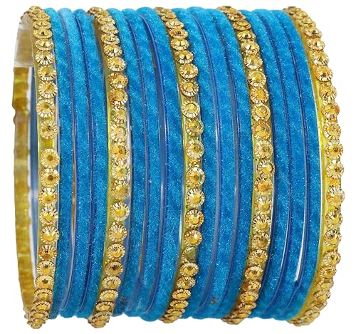 Image of NMII Premium Glass & Golden Beads Velvet Bangle Set For Women and Girls | Velvet Chudi | Traditional Chudi Set | Designer Girl's Bangles Bracelet | Wedding, Party, Festive, Daily- Set of 34