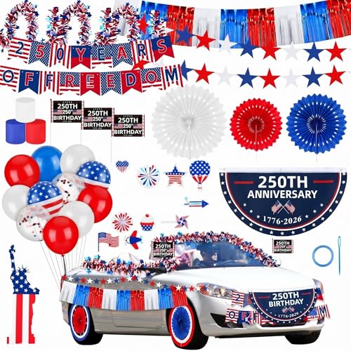 Sonwyoung 250th Anniversary Parade Car Decorations Kit 4th of July Patriotic Golf Cart Decoration Red White Blue Tinsel Garlands American Flag Crepe Paper Streamers Balloons Banners(250 Year)