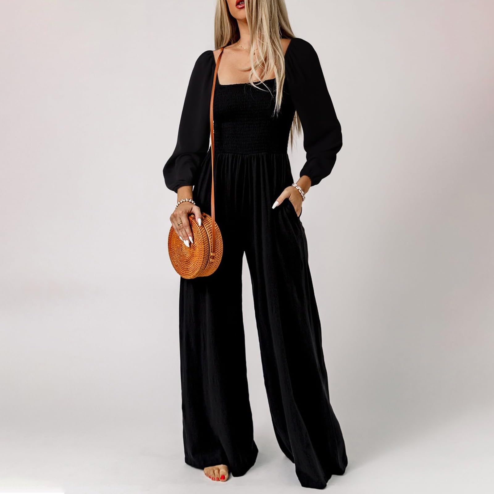 Casuale Loose Bib Pants Tuta Tuta a gamba larga, a maniche lunghe, tinta unita, elegante, per il tempo libero, elasticizzati, morbidi e traspiranti, con tasche
