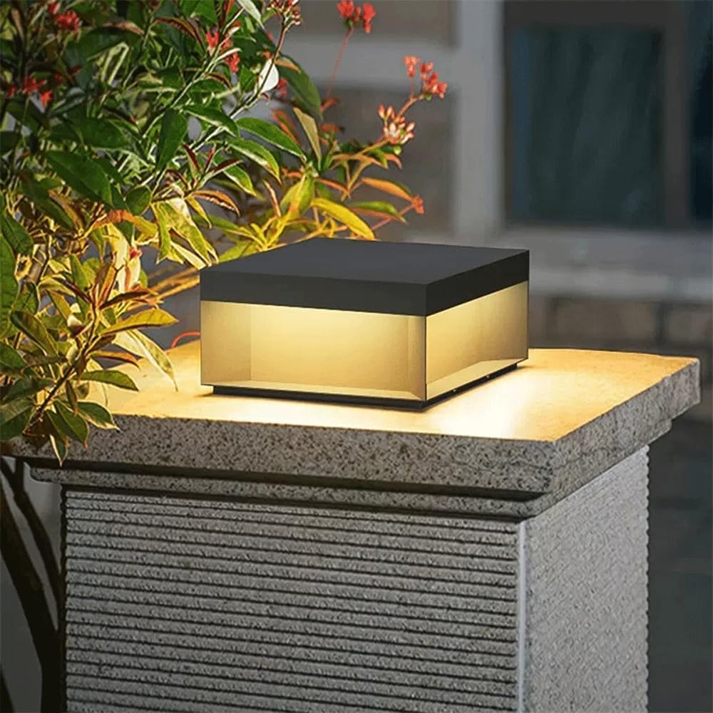 HZWJIA Solar Pillar Lamp Stainless Steel Body Deck Fence Post Cap Light IP65 Waterproof Pillar Head Lamp Gray Outdoor Waterproof Solar Pillar Lamp for Yard Landscape Pillar Light Side Length 11.7in