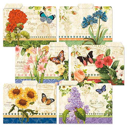 Grande Fleur File Folders - Set Of 24, Staggered Tabs 1/3 Cut, 6 Floral Designs, Letter-Size Colored Folders #TOP6