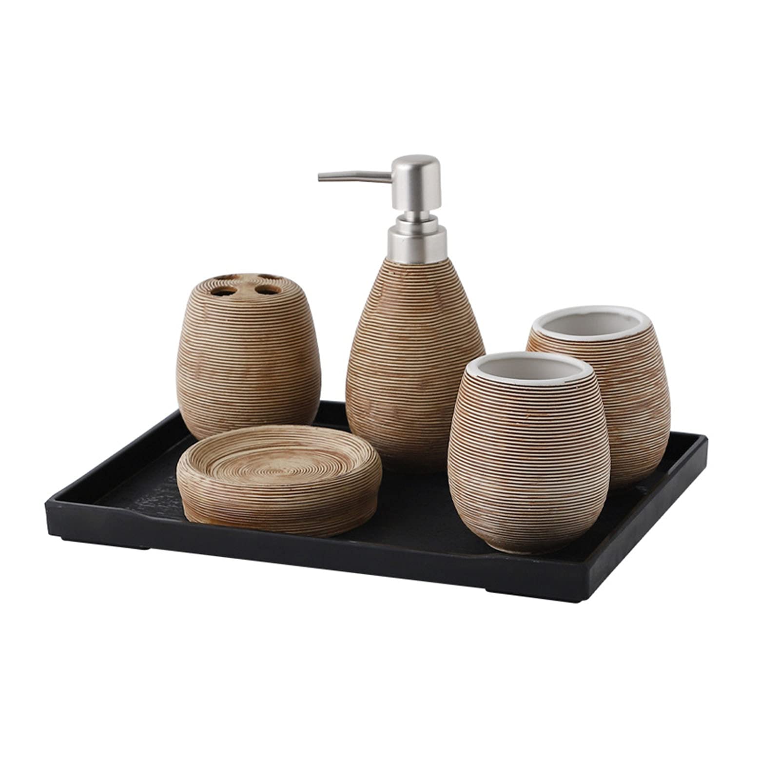 Bad Accessoire Set 6-Teilig Keramik Design,Badezimmer Deko Set Badezimmer Seifenspender Zahnpflege Zubehör Set Bad-Zubehör Geschenk,Beige