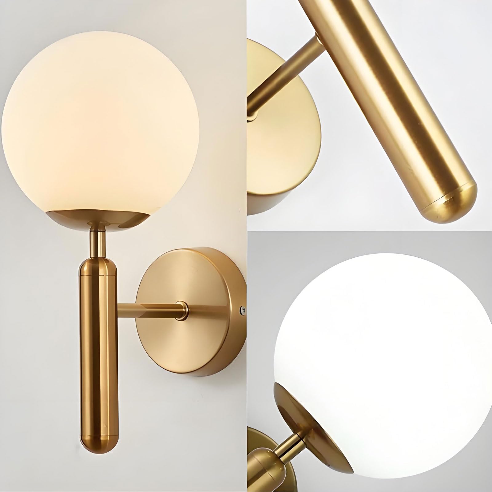 Applique da parete a sfera in vetro bianco da 150 mm, globo di vetro bianco con applique da parete in ottone dorato (Ottone Oro)