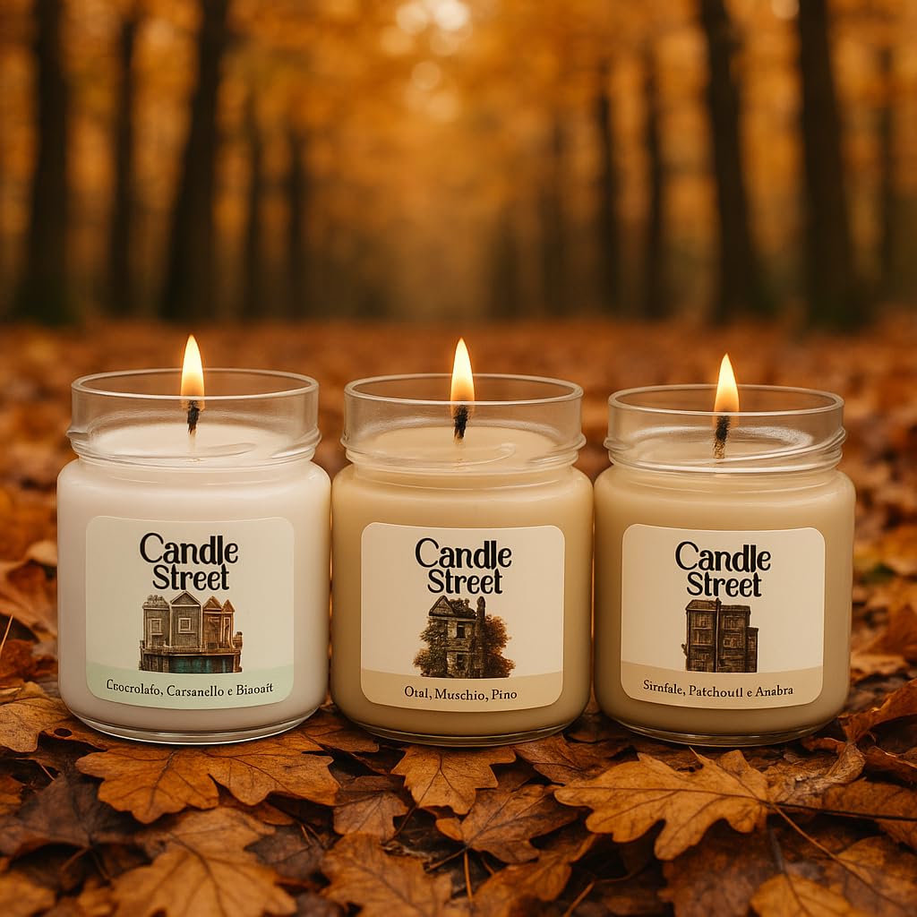 3 x 2 Candle Street – Set mit 3 mittelgroßen Duftkerzen 185 g | Lange Brenndauer 40 Stunden | Patchouli-Sandelholz Bernstein, Oud Moschus Kiefer, Schokolade Karamell Kekse | Geschenkidee für Zuhause
