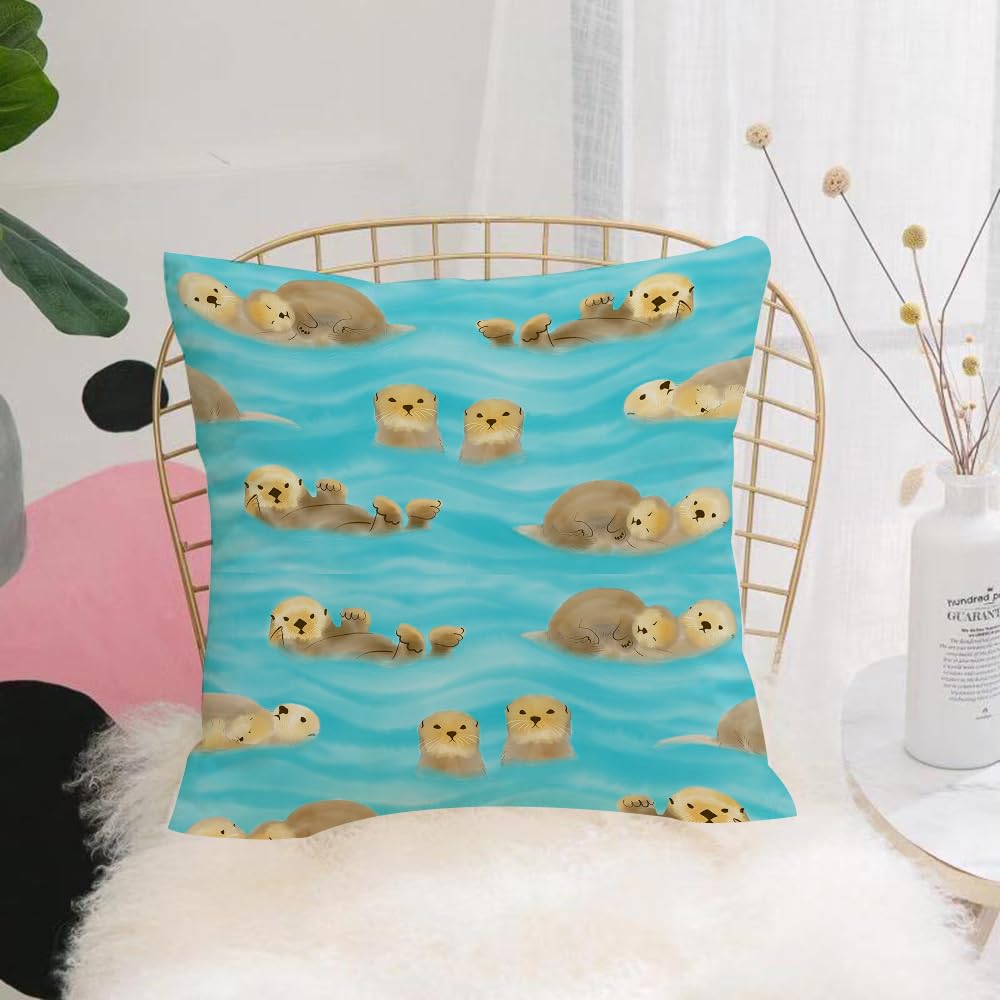 HYOSXW Cushion Cover,Throw Pillow Case Home Decorative for Living Room Bedroom Sofa Chair 16X16 Inch,Hand-drawn otters with cubs in water. Seamless pattern,Pillowcase 40X40cm