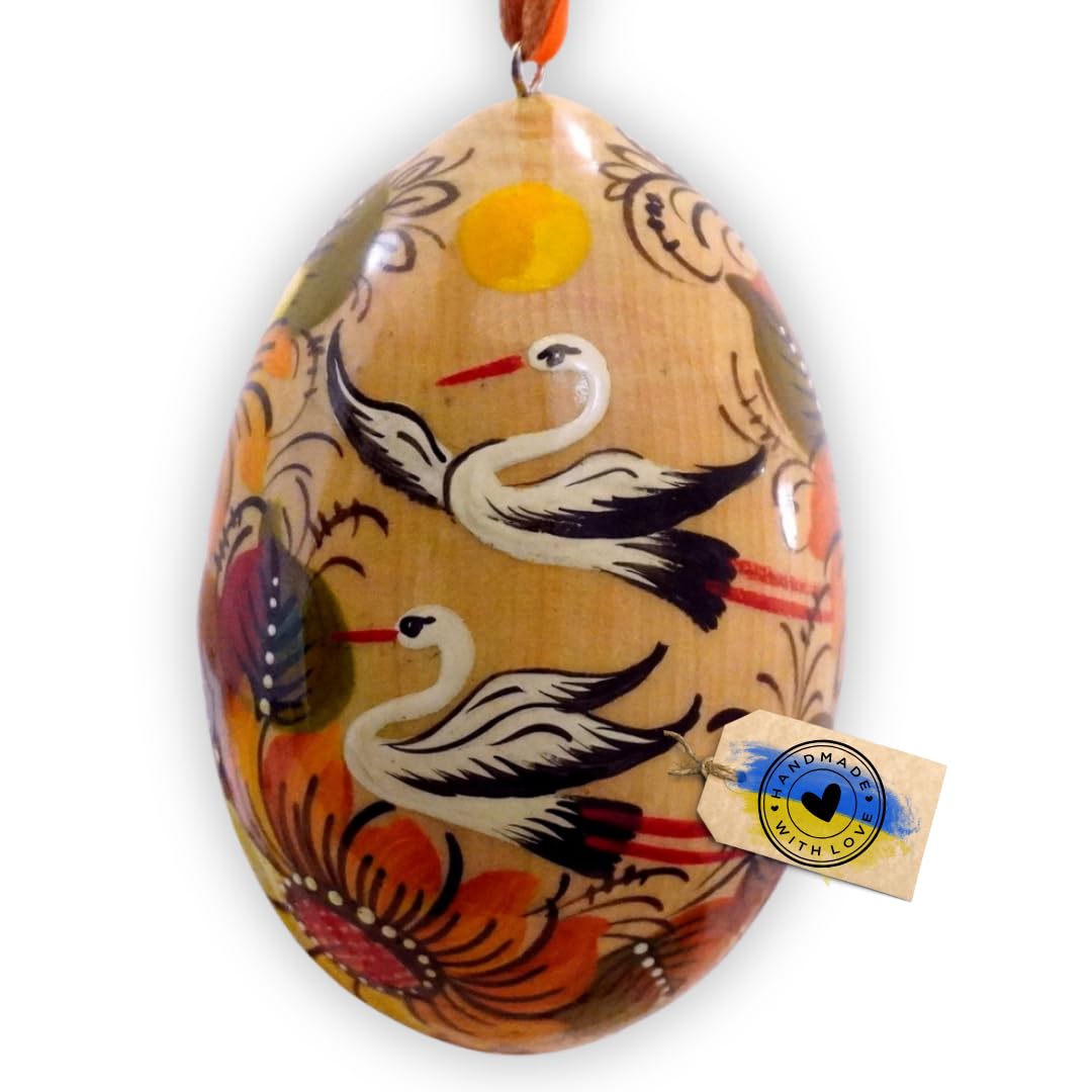 Handbemalte Ostereier zum Aufhängen aus Holz mit Störche und Schönem Blumenmuster, 6-7 сm Ukrainische Petrykiwka-Malerei Pysanky Kunsthandwerk
