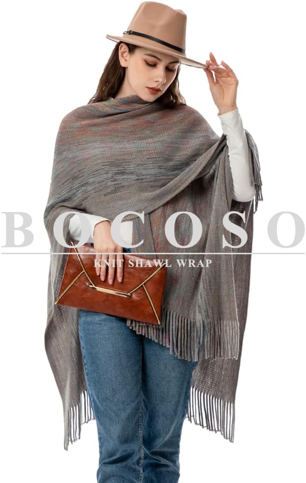 Women's Knit Shawl Wraps, Knitted Poncho Cape Open Front Cardigan Sweater with Tassel for Spring Fall Winter - Image 2