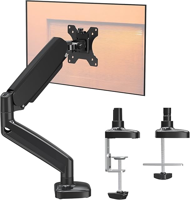ELIVED Single Monitor Arm for Most 13-32 Inch Monitors with VESA 75x75/100x100mm up to 8KG, 360° Rotation Gas Spring Arm with C-Clamp and Grommet Base, Monitor Stand Mount EV004