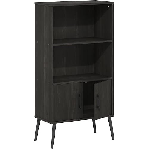 Furinno Claude Mid Century Style Accent Wooden Leg Bookcase Cabinet with Storage Organizer Shelves, Espresso