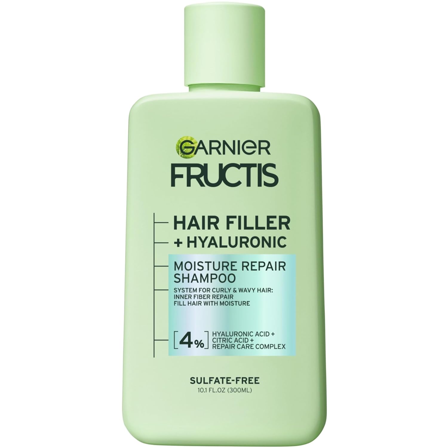 Garnier Fructis Hair Filler Moisture Repair Shampoo, Sulfate Free Shampoo for Curly, Wavy Hair with Hyaluronic Acid, 10.1 Fl Oz, 1 Count