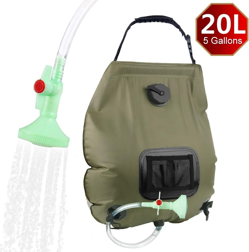 Solar Shower Bag, Heating Camping Shower 5 gallons/20L Portable Outdoor Sun Shower Bag with Removable Hose and On-Off Switchable Shower Head for Fishing Beach Traveling Hiking